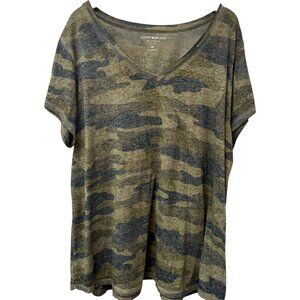 Lucky Brand Camo V-Neck Tee Plus Size 3X Olive Green Short Sleeve Womens Top